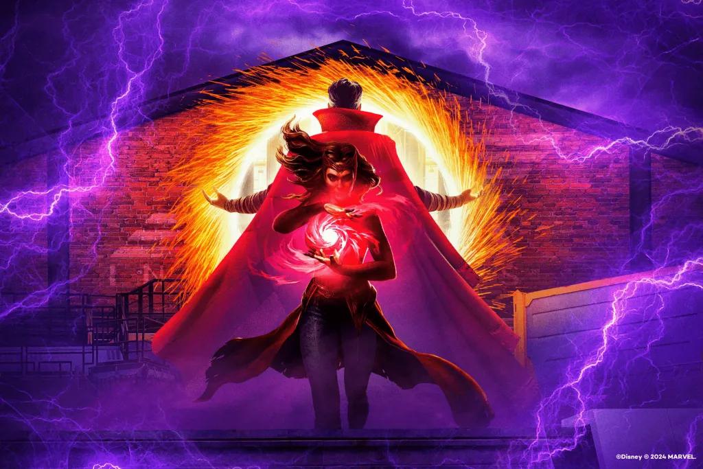 Doctor Strange: Mystery of the Mystics The Scarlett Witch wearing a red suit and cape holding red light in her hands and a menacing look on her face. Behind Doctor Strange has his back to her opening a light yellow portal to another dimension.