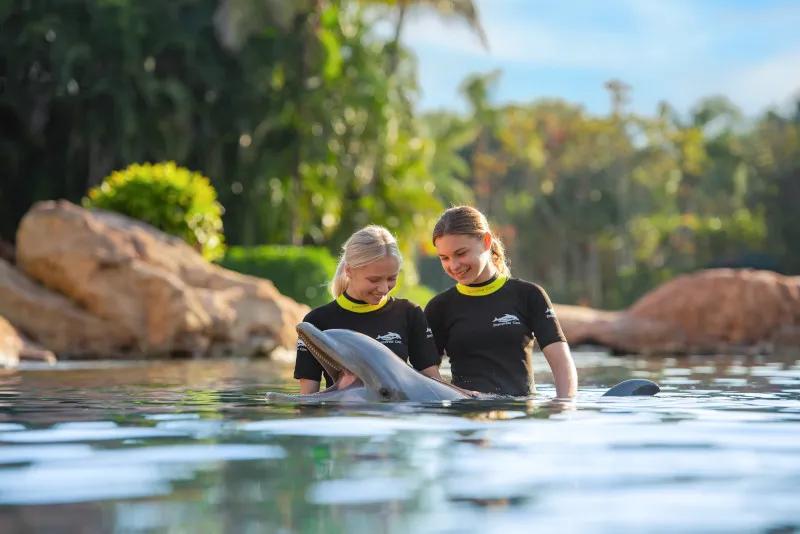 Girls interacting with a dolphin at Discovery Cove Orlando