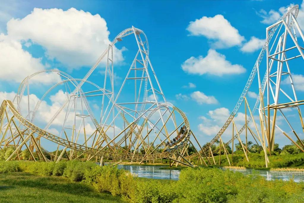 Hyperia im Thorpe Park Resort Eine riesige weiß-goldene Achterbahn mit vielen Überschlägen und einem gewaltigen Fall.
