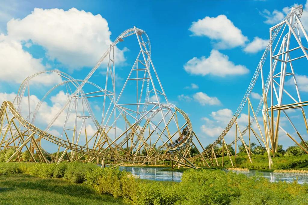 Hyperia in Thorpe Park A huge white and gold rollercoaster with many inversions and a huge drop.