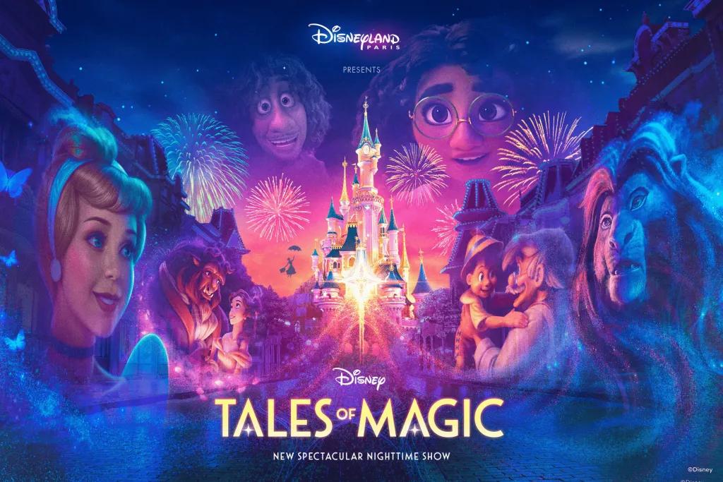 Disney Tales of Magic A designed image of the pink and blue castle surrounded by images of Disney characters in the sky