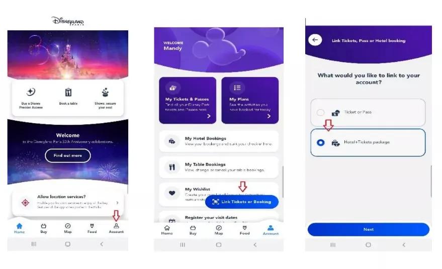 Linking your Disneyland Paris booking to the Disneyland Paris app Screenshots showing how to link your Disneyland Paris booking to the Disneyland Paris app