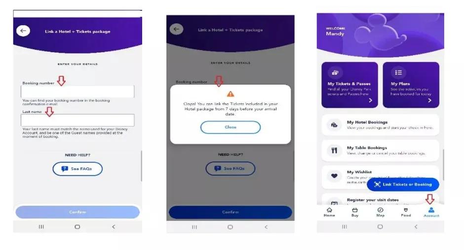 How to Link your Disneyland Paris Tickets to the Disneyland Paris App Screenshots showing how to link your Disneyland Paris booking to the Disneyland Paris app