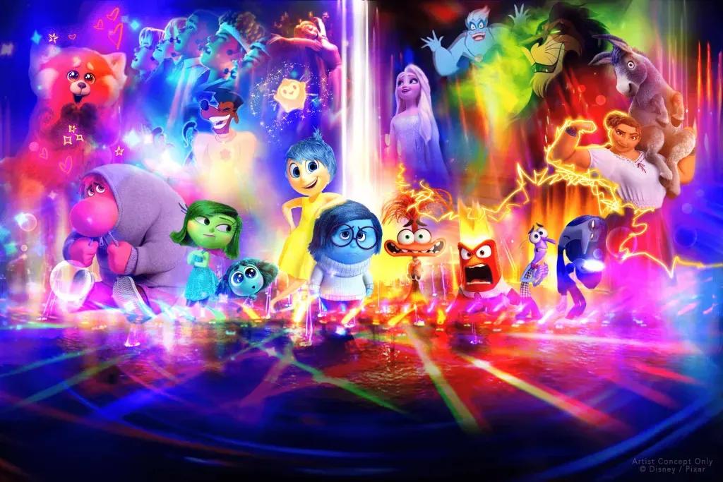 World of Color Happiness! Show Konzeptkunst mit Pixar/Disney-Figuren in vielen Farben, darunter Alles steht Kopf, Die Eiskönigin, ROT, Encanto und viele mehr