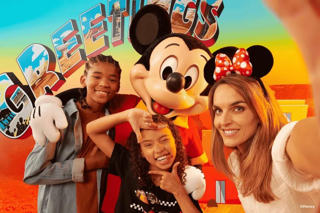Disney Character Meets at Disney Hotel Santa Fe A family taking a selfie with Mickey Mouse at Disney Hotel Santa Fe