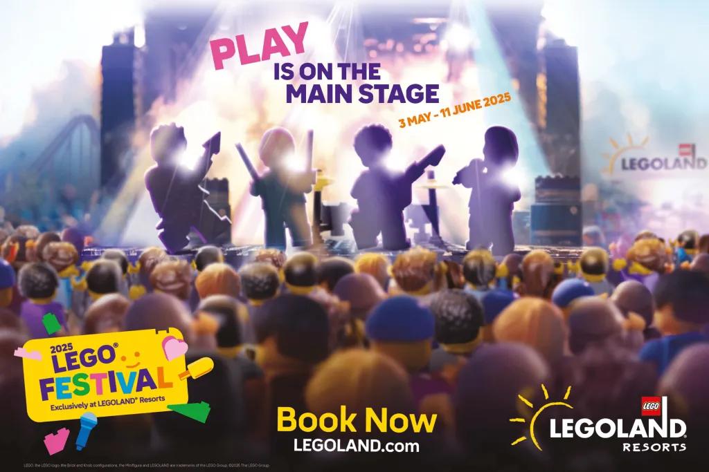 LEGO Festival Four LEGO characters on stage performing for loads of lego people. It says 'PLAY IS ON THE STAGE" with dates 3 MAY - 11 JUNE 2025.