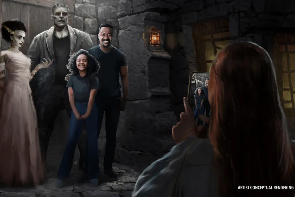 Meet the Monsters Meet and greet with some monsters at Epic Dark Universe, including Frankenstein and Franstein's wife with a couple of people posing for a photo next to them.