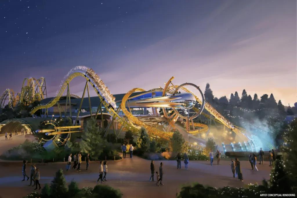Celestial Park A large duelling rollercoaster with yellow tracks and a space theme.