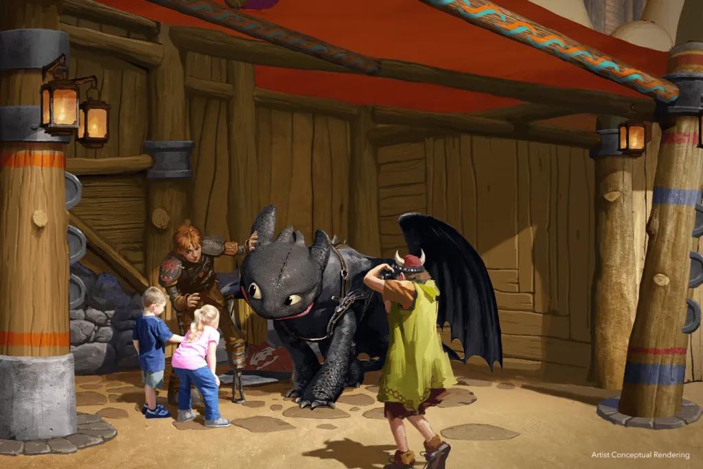 Toothless Meet and Greet A couple of kids meeting Toothless, a black cartoon dragon with Hiccup, the Viking. There is also a Viking photographer.