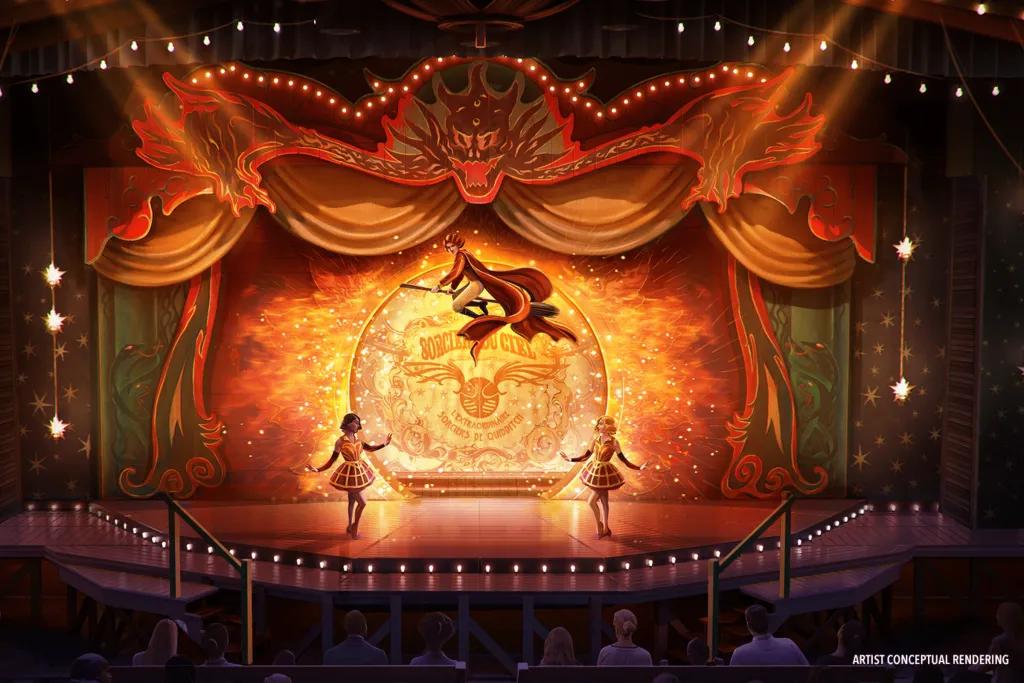 Le Cirque Arcanus A tent styled building with two circus dressed women stood on either side of the stage. There is also a wizard on a broomstick flying overhead.