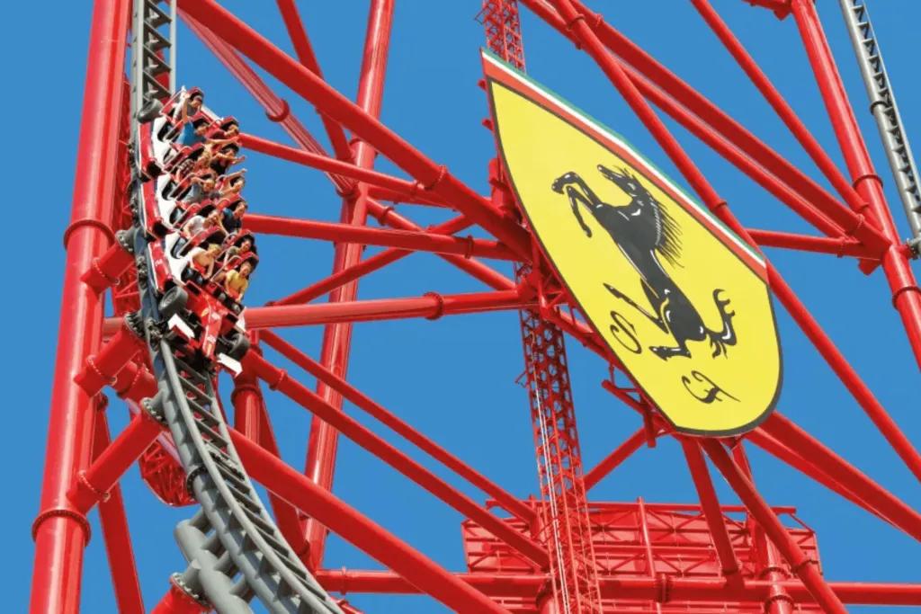 Red Force Riders going down the drop on Red Force in Ferrari Land
