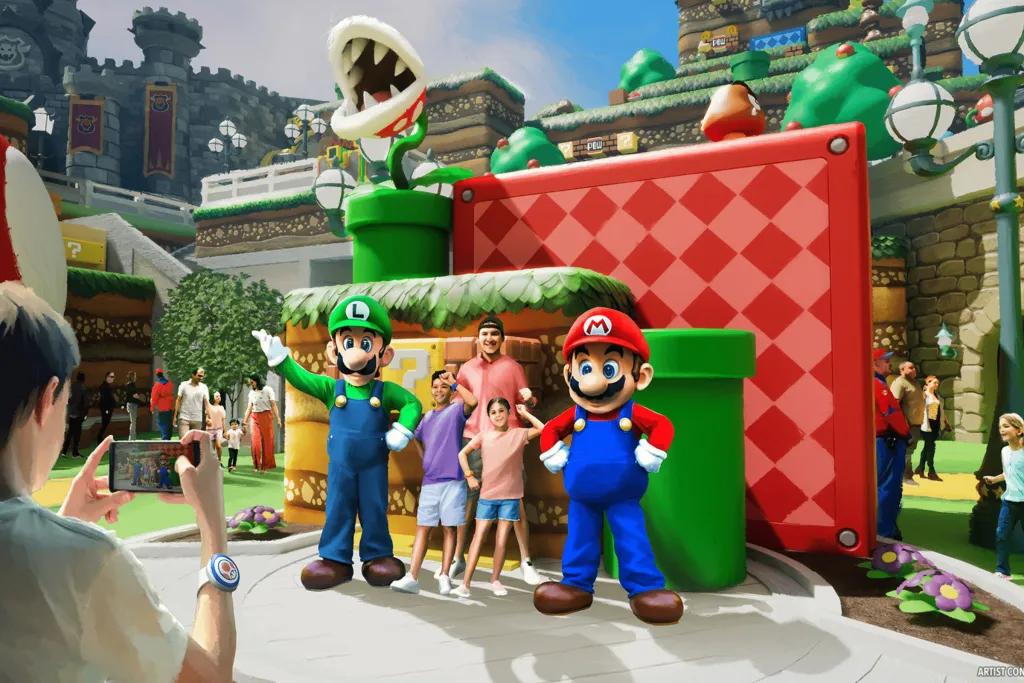 Nintendo World Nintendo World, Mario and Luigi are stood with an adult and their two kids posing for photos by a green pipe tunnel and underneath an alive cow plant.