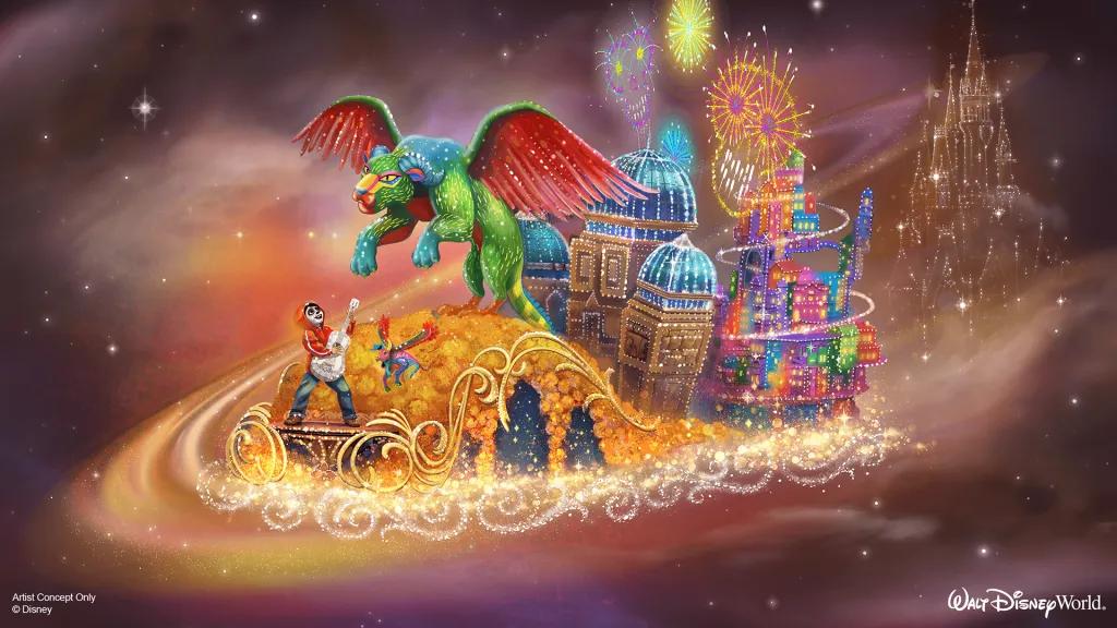 Disney Starlight Coco float Coco stood at the front with the skull face paint and red hoodie as the spirit animal of a lion mixed with a bull with wings flies over his head. Behind there is dazzling buildings on the float, incredible flowers and skull fireworks.