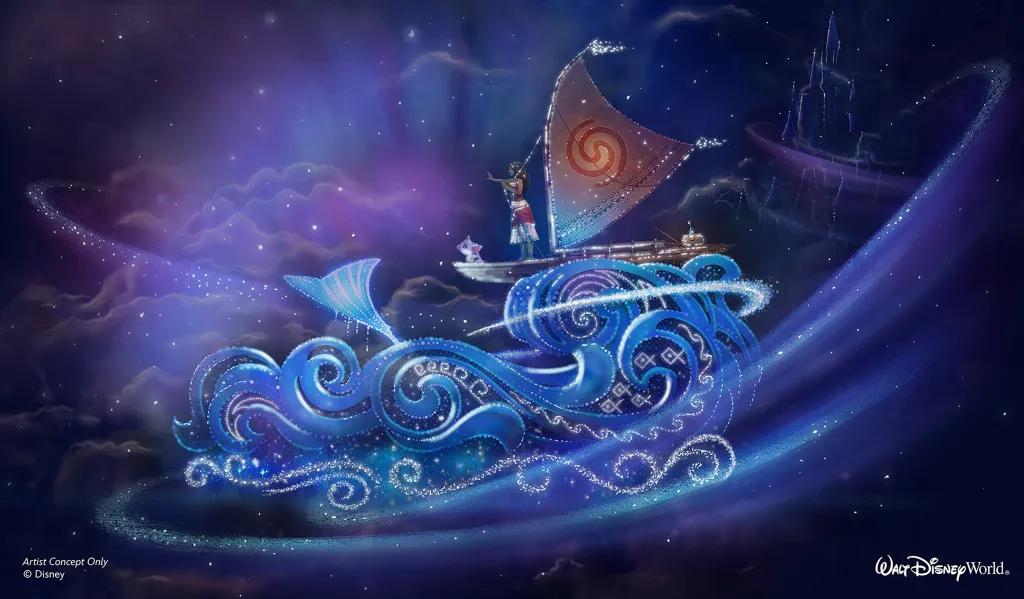 Moana float in Disney Starlight Artist concept image of Moana's float in Disney's new night time parade. Moana is stood on her boat on top on a wave with a whale tale sticking out on the float.