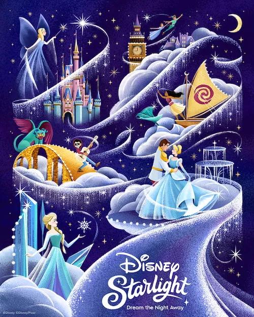 Disney Starlight Poster A poster featuring Disney characters including Elsa, Cinderella and Peter Pan, promoting the Disney Starlight Parade