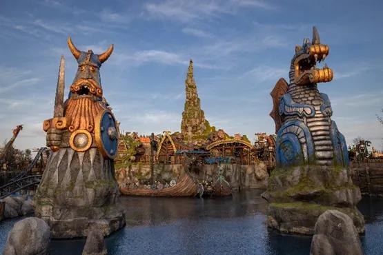 How to Train Your Dragon - Isle of Berk Large Viking statues on a lake guarding an island village
