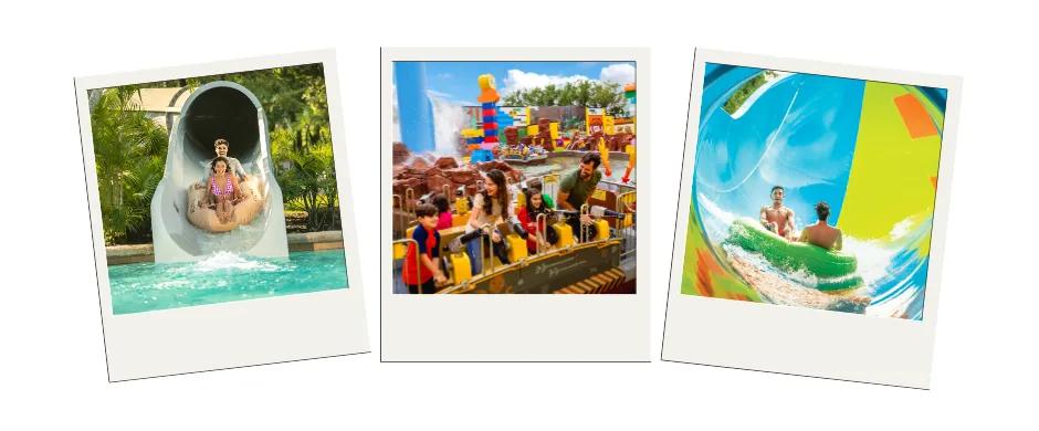 Day 13: Visit LEGOLAND Florida or a water park Three polaroid's, two of waterslides with two people in rubber rings and one of a family on a lego ship squirting water guns at other people.