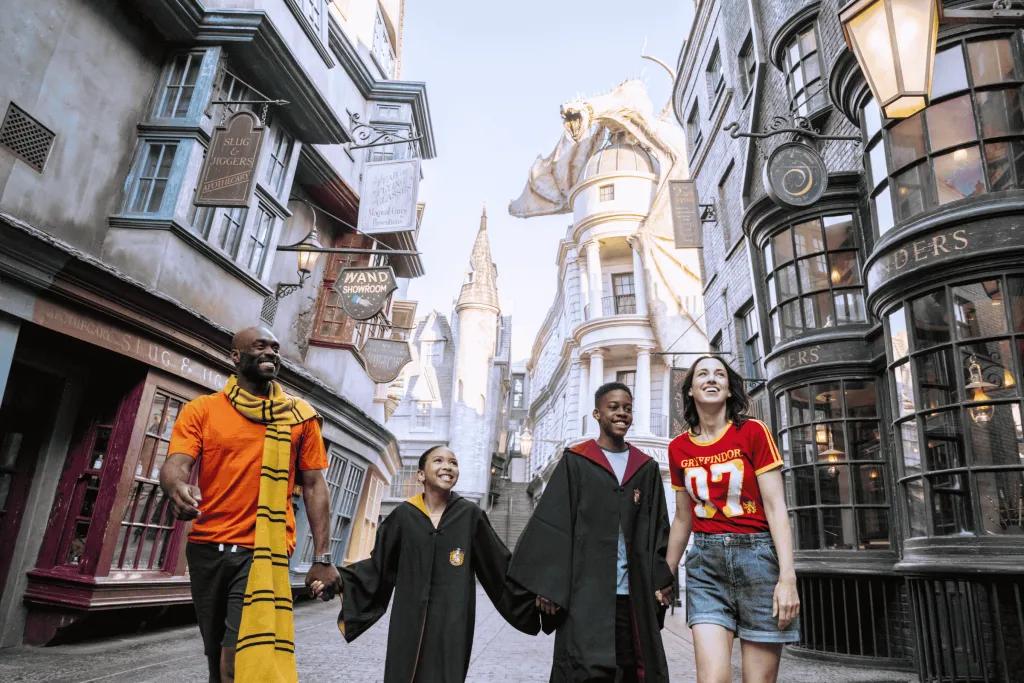 The Wizarding World of Harry Potter A family walking through Diagon Alley at Universal Studios Florida