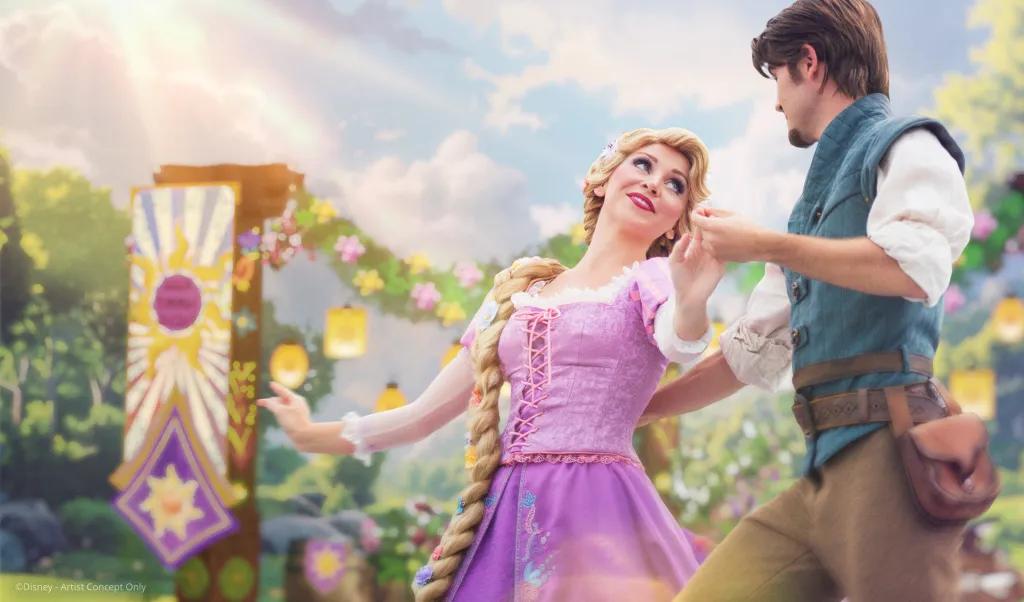 Rapunzel and Flynn Ryder Rapunzel and Flynn Ryder dancing together with her tall castle in the background.