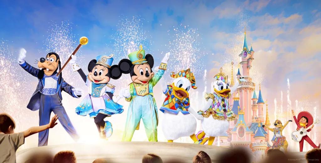 The Grand Orchestra Finale Mickey Mouse, Minnie Mouse, Donald Duck and more characters dancing in front of the pink and blue castle at Disneyland Paris.