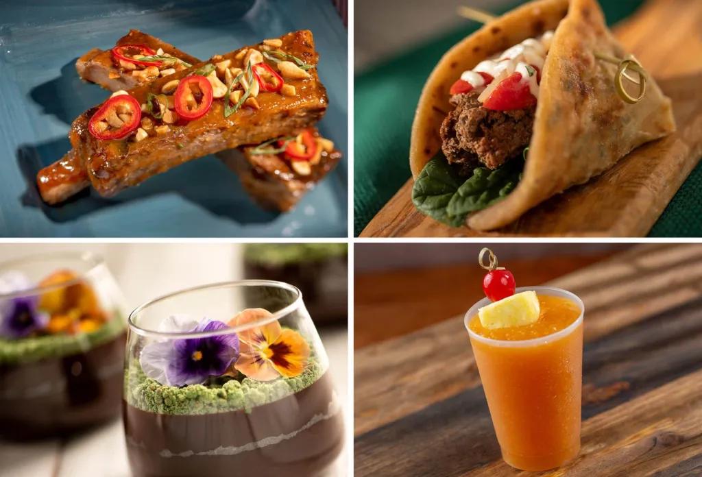 Trowel and Trellis Menu Food selection at EPCOT, including bread with peppers and tomato and herbs on, a wrap with beef inside, a chocolate pot with small flowers on top and a mango and pineapple smoothie.
