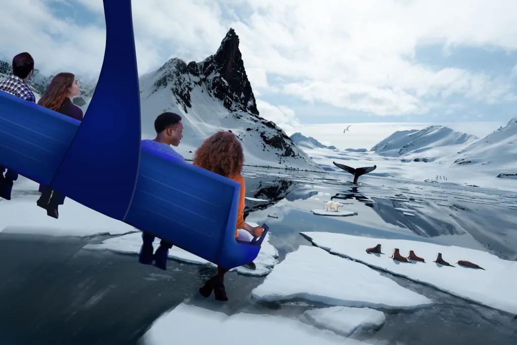 Expedition Odyssey Four people sat on a blue bench soaring above the arctic, where a whale emerges from the ocean and sea lions rest on the ice.