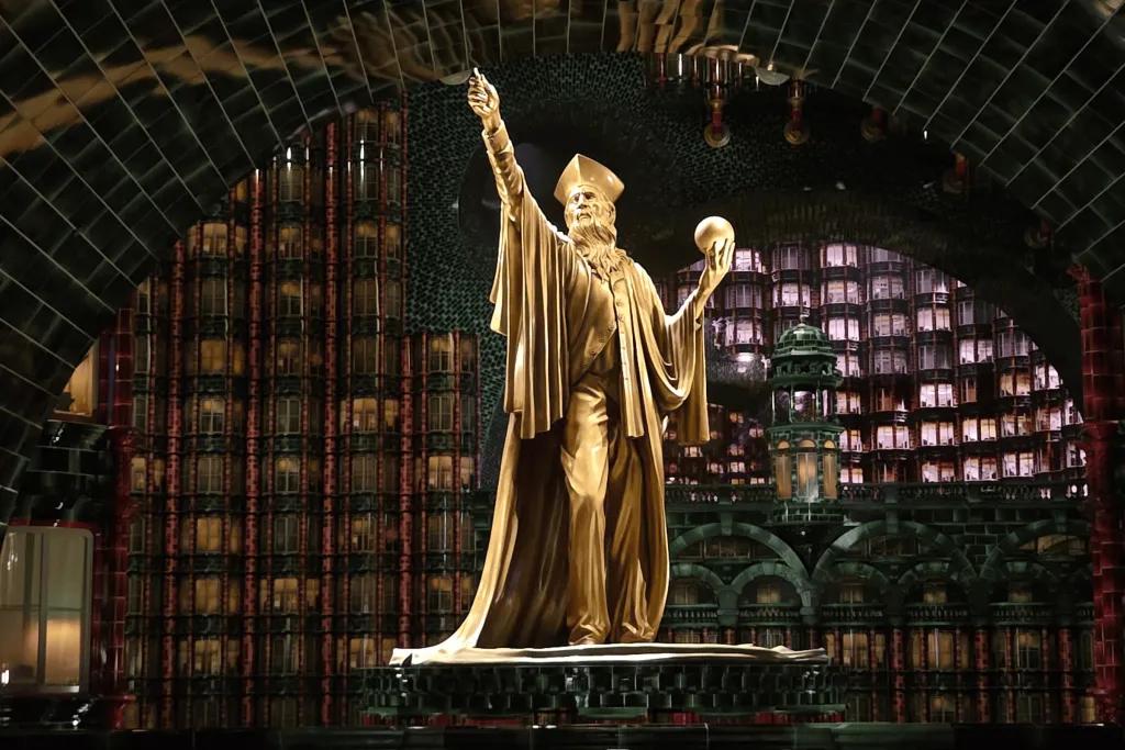 Wizarding World of Harry Potter and the Battle at the Ministry Golden statue of a wizard holding one hand up and the other is holding a golden ball. In the background is the Ministry of Magic.