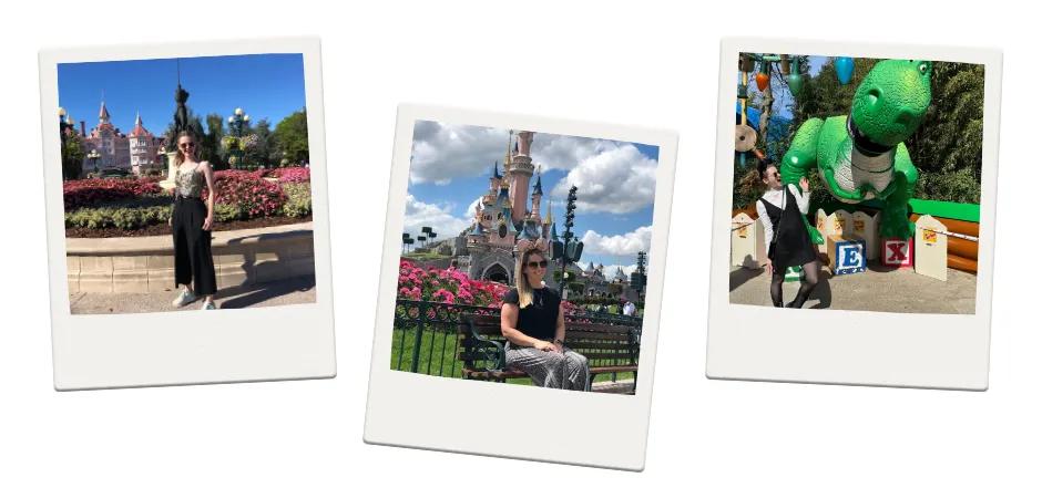 Disneyland Paris Three polaroid images, one of woman in front of hotel, one of woman sat on bench in front of a grand pink and blue castle and one of a woman in front of toy dinosaur statue.