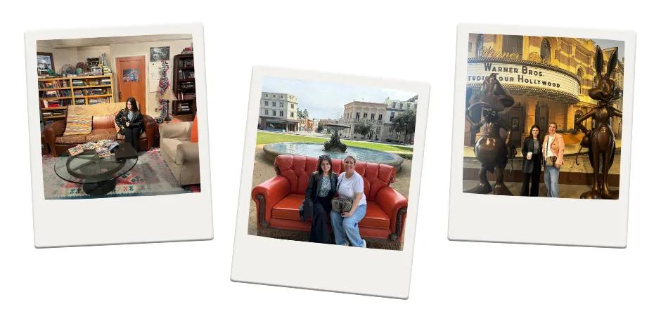 Warner Bros. Studio Tour Three polaroid images, one of girl sat on Big Bang Theory living room set, one of mother and daughter sat in front of the Friends fountain and the last of the mother and daughter stood with statues of bugs bunny and another cartoon character.
