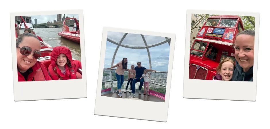 London Three polaroid's of families in London attractions. One of woman and child on red speedboat, one of them sightseeing out of glass London eye pod and one of woman and child boarding a red Paddington Bear bus.