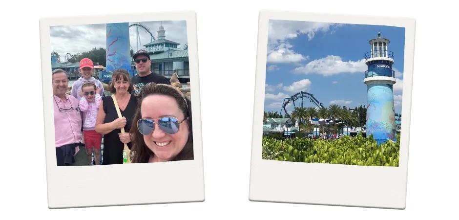 SeaWorld Orlando Photos of SeaWorld in polaroid's, one of a family posing for a selfie at the front of the park and the other of the lighthouse and a blue rollercoaster next to it.