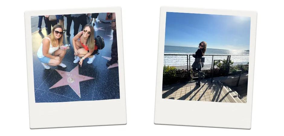 Los Angeles Two girls posing with a pink Hollywood star and another photo of girl in a stylish outfit posing with leg lifted and the ocean behind her.