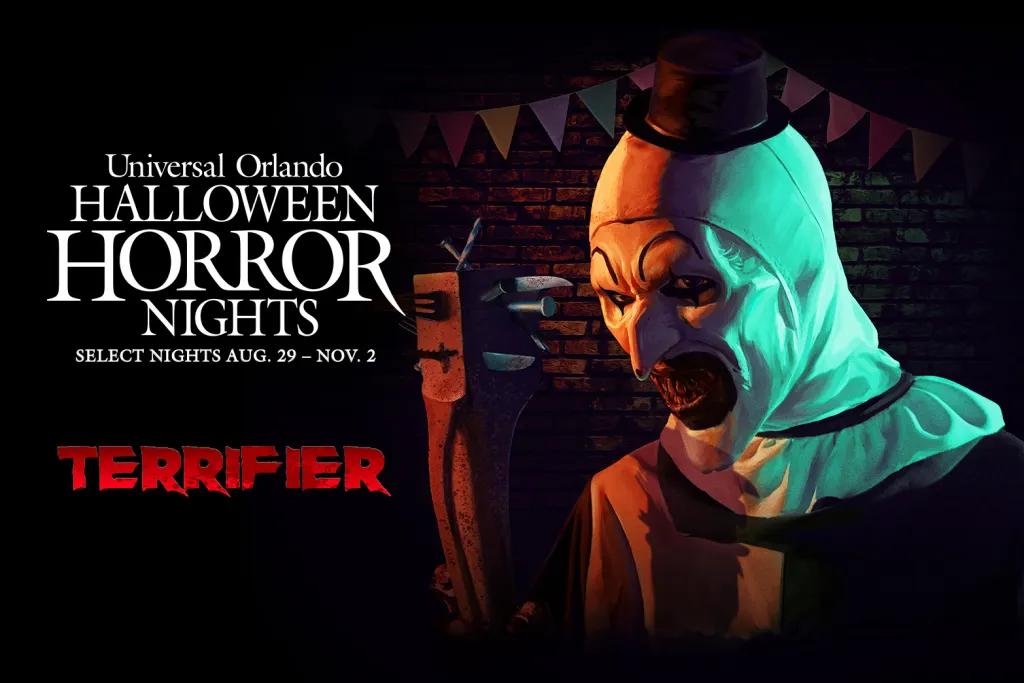 Terrifier at Halloween Horror Nights Art the Clown next to the Terrifier logo and the test Universal Orlando Halloween Horror Nights