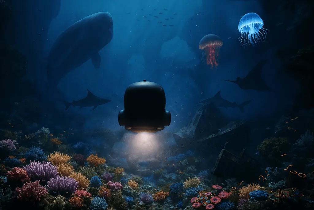 Small submarine diving deep underwater with jellyfish, fish and whales surrounding it.