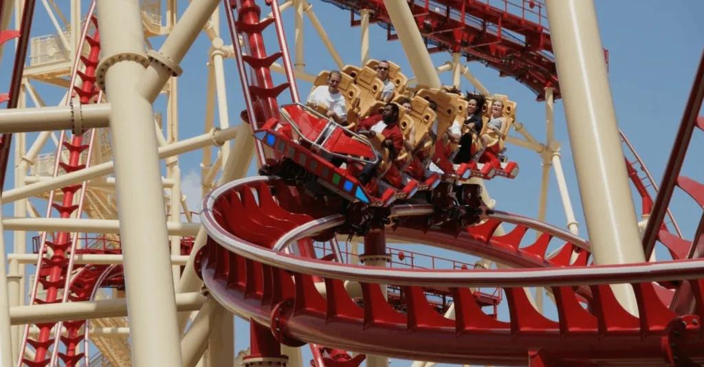 Riders on Hollywood Rip Ride Rockit making a sharp turn at Universal Studios Florida.