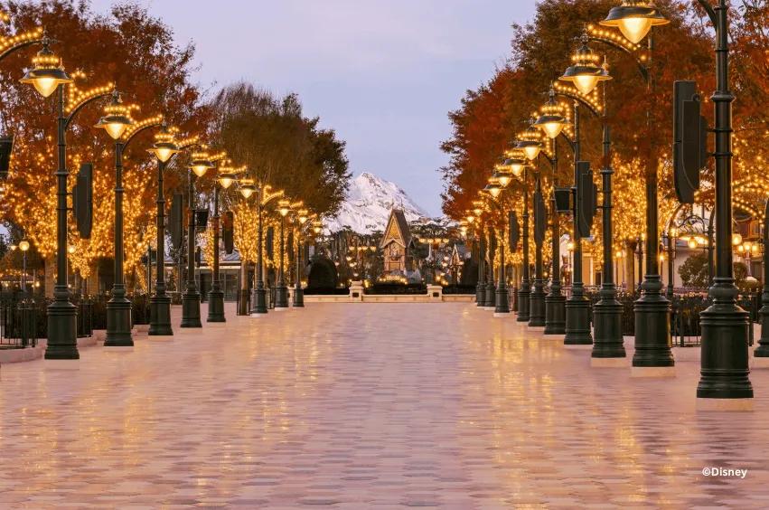 A wide, paved promenade on Adventure Way at Disney Adventure World