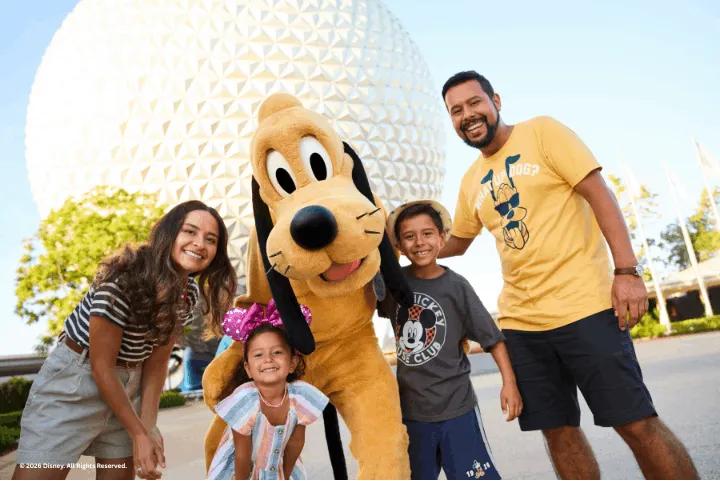 Guests with Pluto by Spaceship Earth, EPCOT