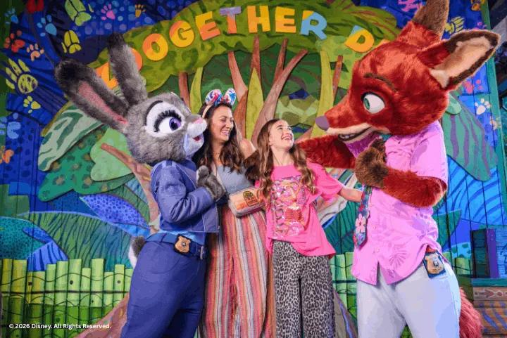 Guests posing for a photo with Judy Hopps and Nick Wilde from Zootopia in front of a colorful backdrop