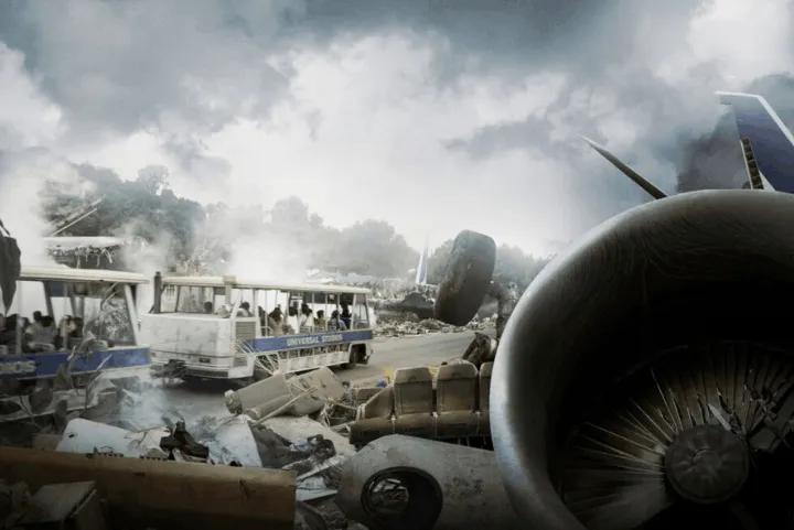 Studio tour tram passing through a simulated plane crash scene from War of the Worlds at Universal Studios Hollywood
