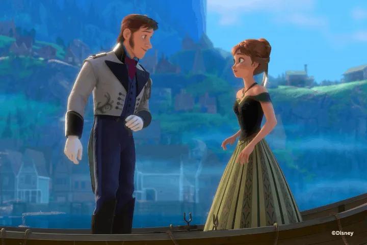 Prince Hans and Anna standing in a small wooden boat, looking at each other against a backdrop of Arendelle