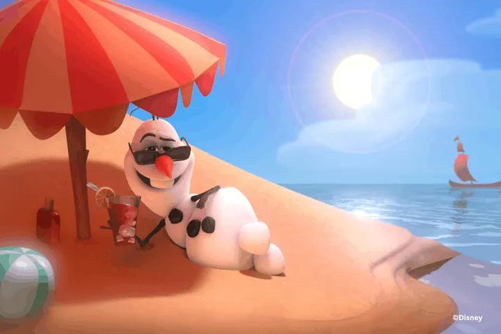 Olaf the snowman relaxing on a sunny beach with sunglasses, holding a drink under a red umbrella
