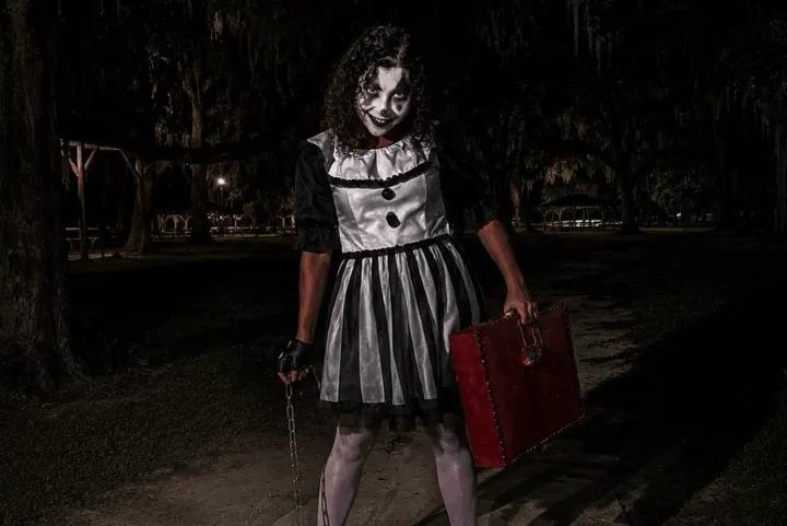 A scare actor in creepy clown makeup and a black-and-white dress holds a red suitcase outdoors at night