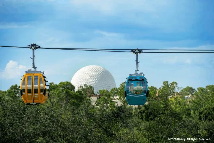 Two Disney Skyliner gondolas glided above trees with Spaceship Earth visible in the background