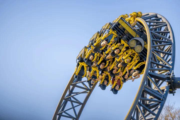 Riders upside down on The Smiler roller coaster at Alton Towers