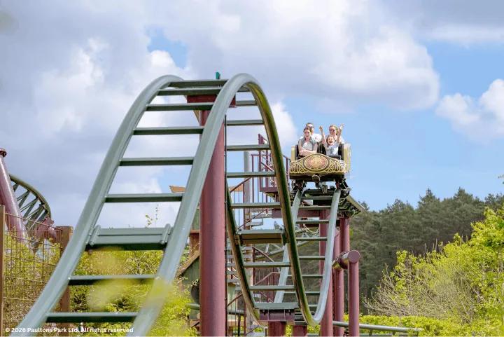 Riders enjoying a roller coaster in the Valgard: Realm of the Vikings area at Paultons Park
