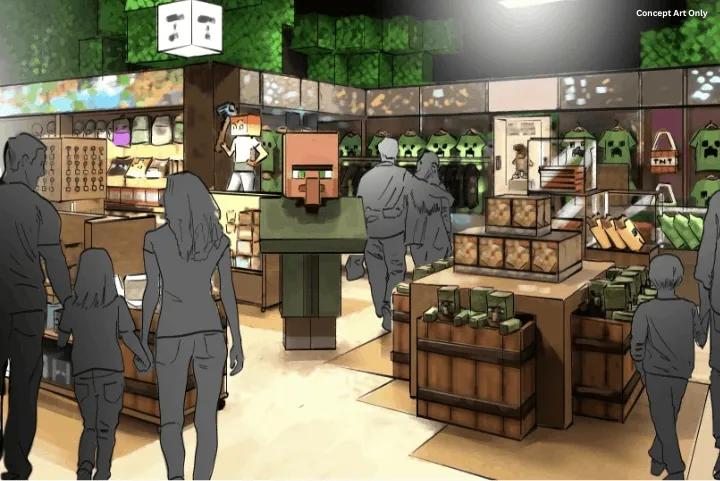 Concept art showing guests inside a Minecraft-themed retail store with various merchandise