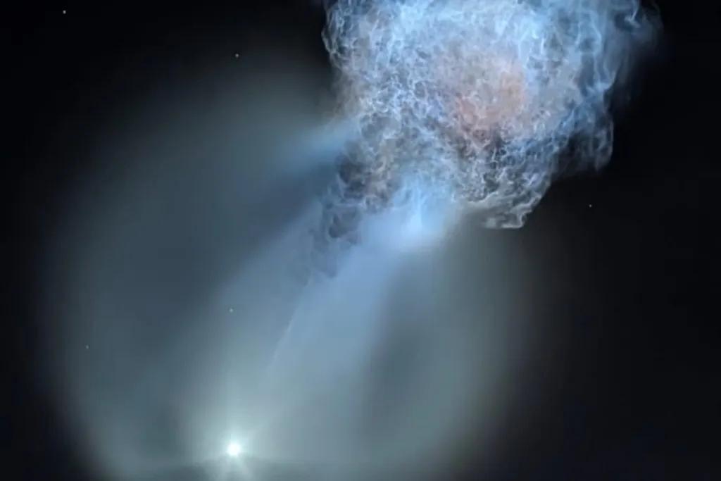 Rocket launching up to sky in bright white light with beautiful blue and orange cloud next to it.