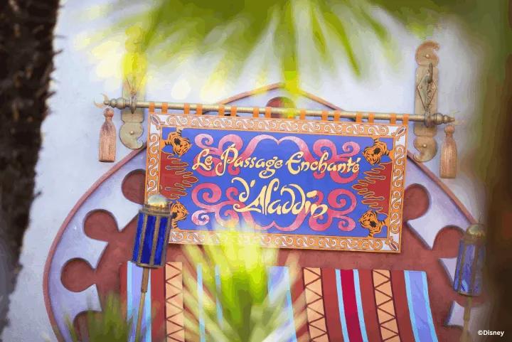 A colorful, ornate sign reading "Le Passage Enchanté d'Aladdin" viewed through green palm leaves
