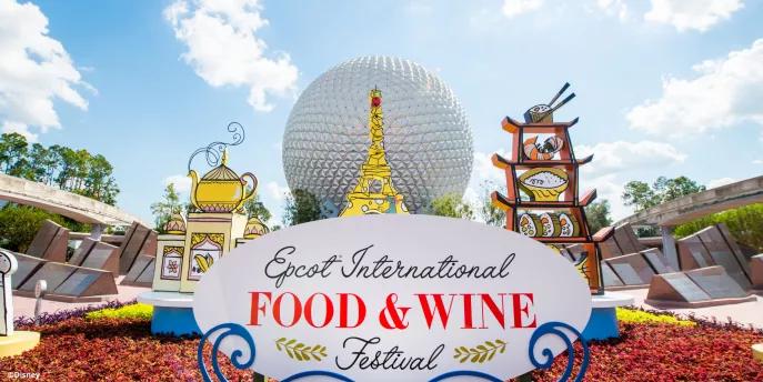 EPCOT International Food and Wine Festival The Food and Wine Festival Logo in front of Spaceship Earth