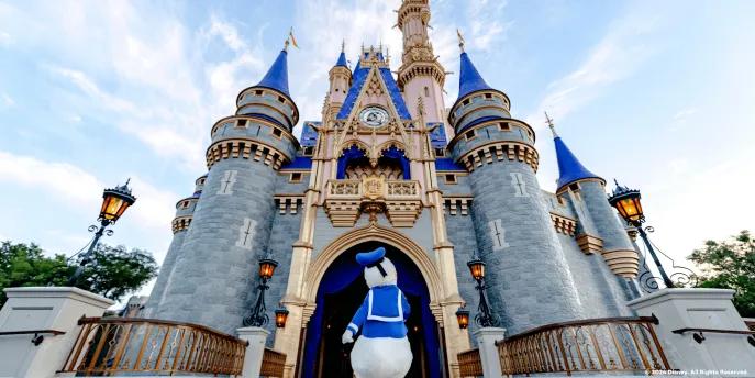 Magic Kingdom Park Donald Duck walking away from the camera towards Cinderella Castle